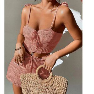 2 piece set Lace Up detailed Cami Knit Crochet Top & Drawstring Waist Shorts
